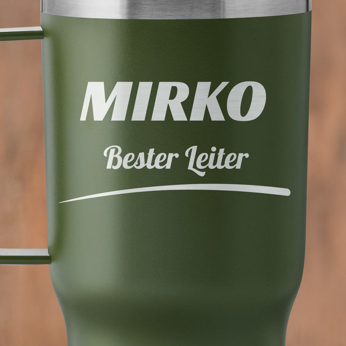Grüner Isolierbecher mit transparentem Deckel und Gravur für Ihren Abteilungsleiter Chef Arbeitskollegen zur Beförderung 