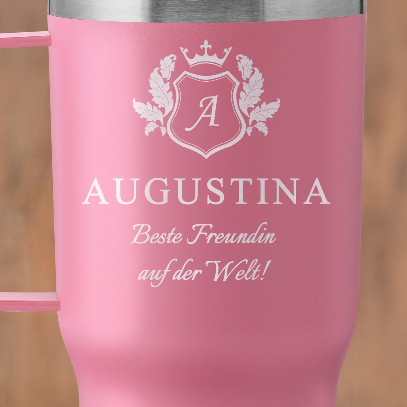 Rosa Isolierbecher mit Gravur und transparentem Deckel für Ihre Freundin