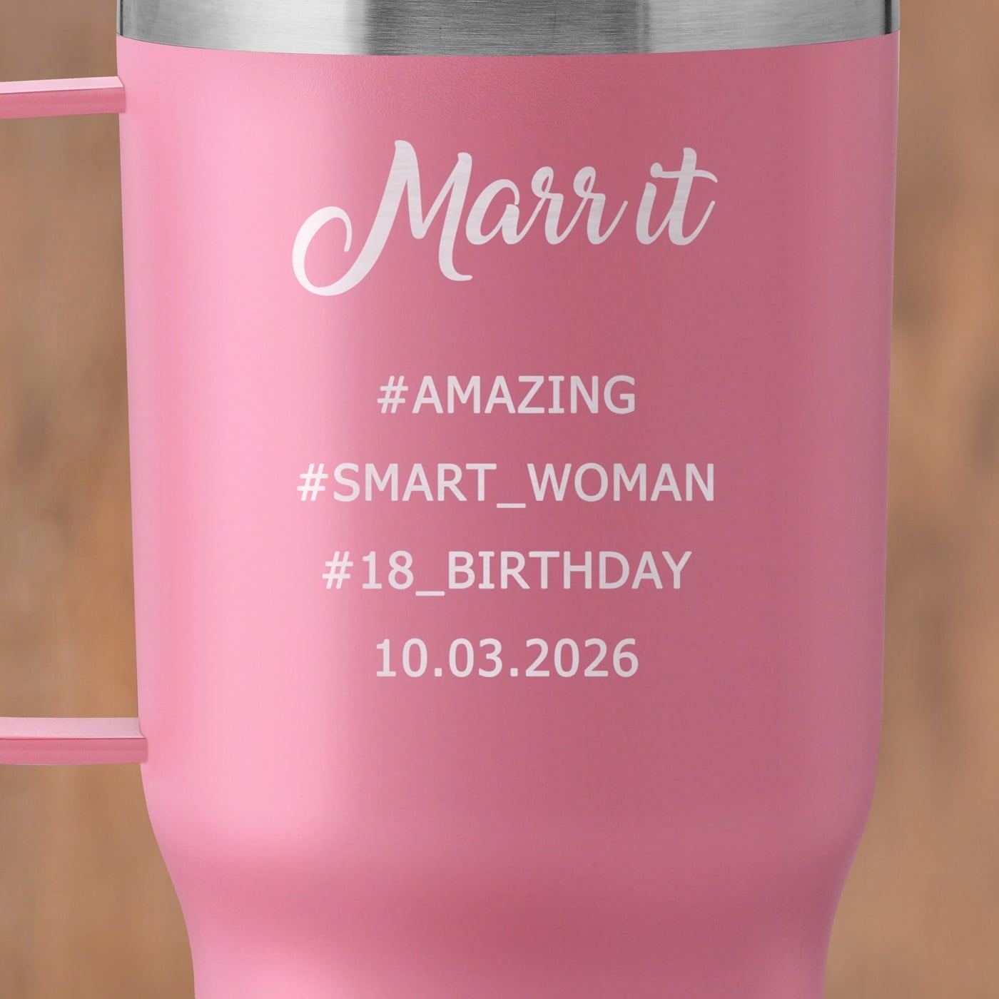 Rosa Isolierbecher mit Gravur und transparentem Deckel für sie zum 18. Geburtstag