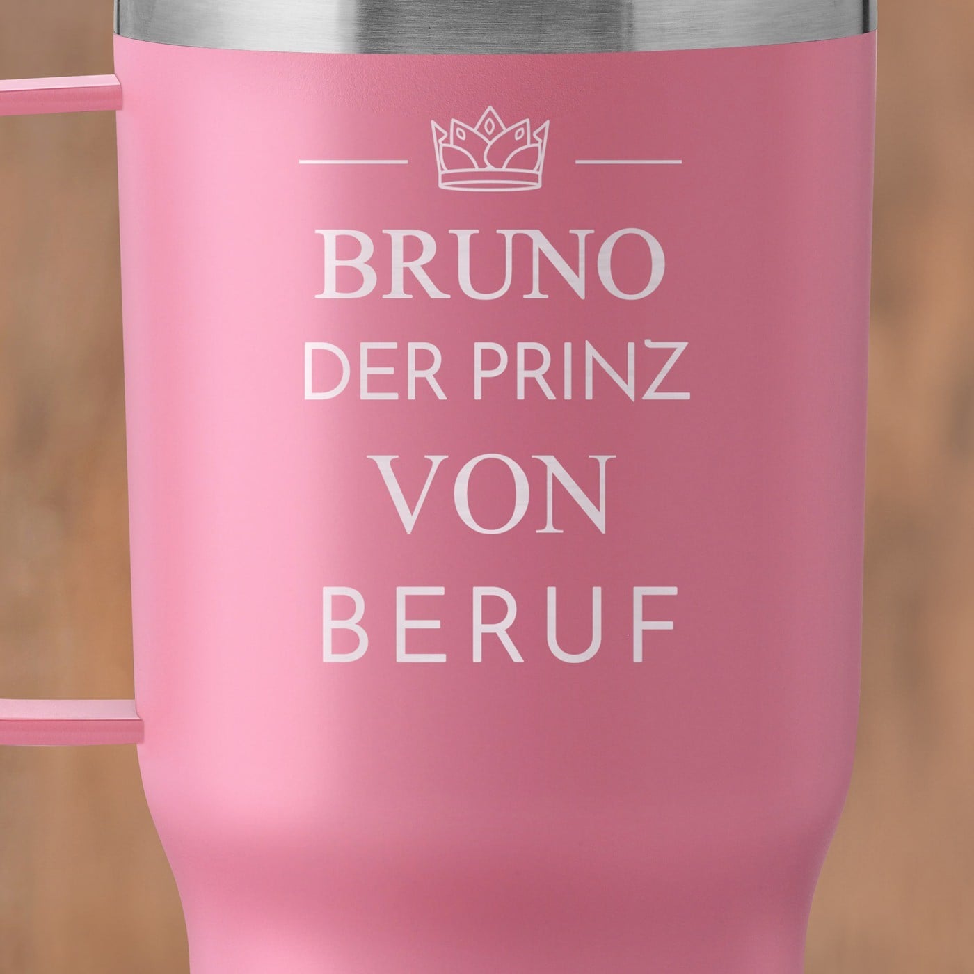 Rosa Isolierbecher mit Gravur und transparentem Deckel für ihn zum Ehrentag Junggesellenabend