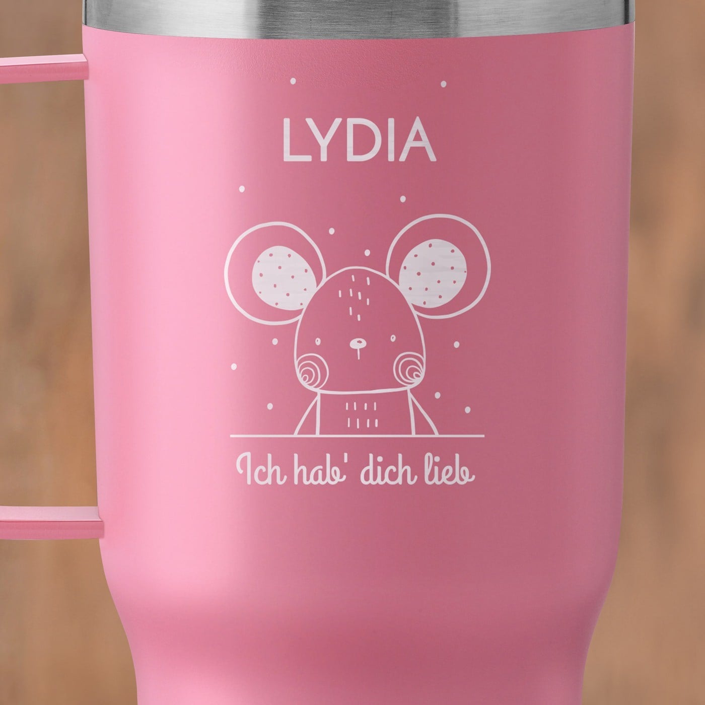 Rosa Isolierbecher mit Gravur und transparentem Deckel für sie ein Mädchen zum Ehrentag
