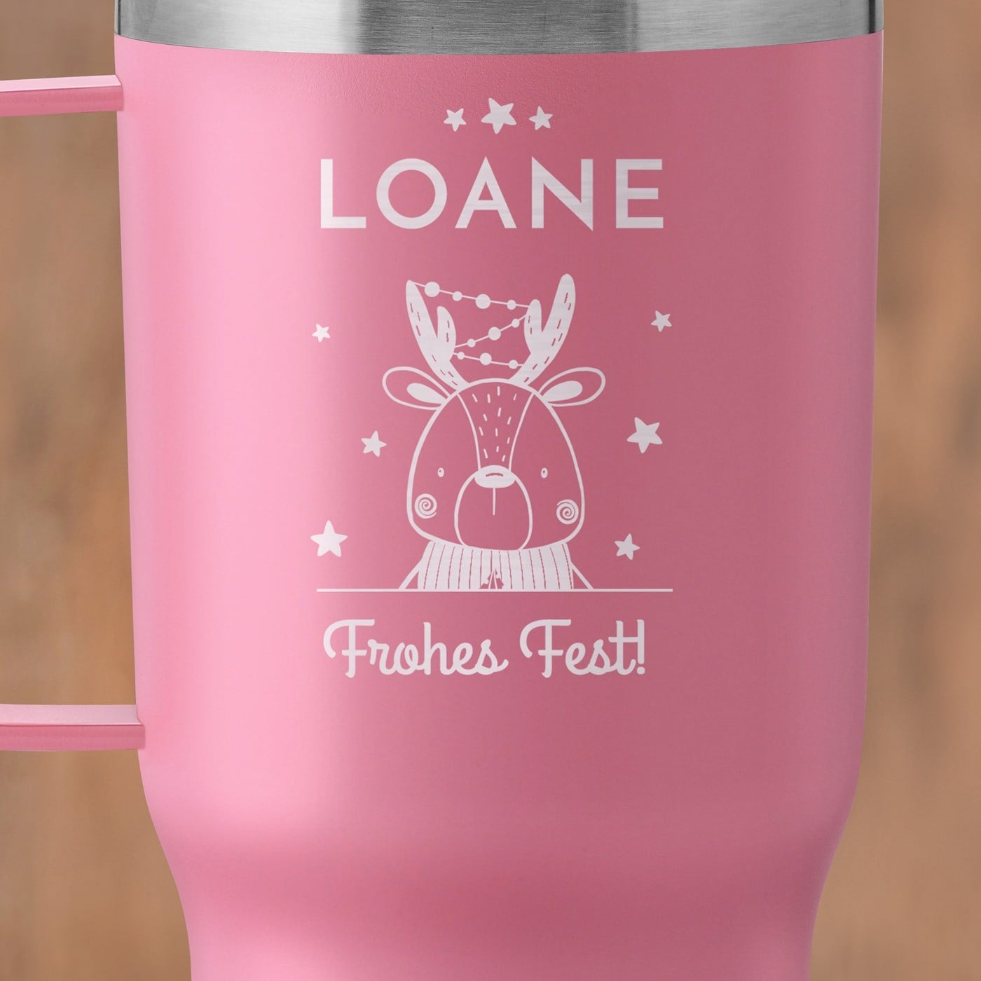Rosa Isolierbecher mit transparentem Deckel und Gravur für sie zu Weihnachten