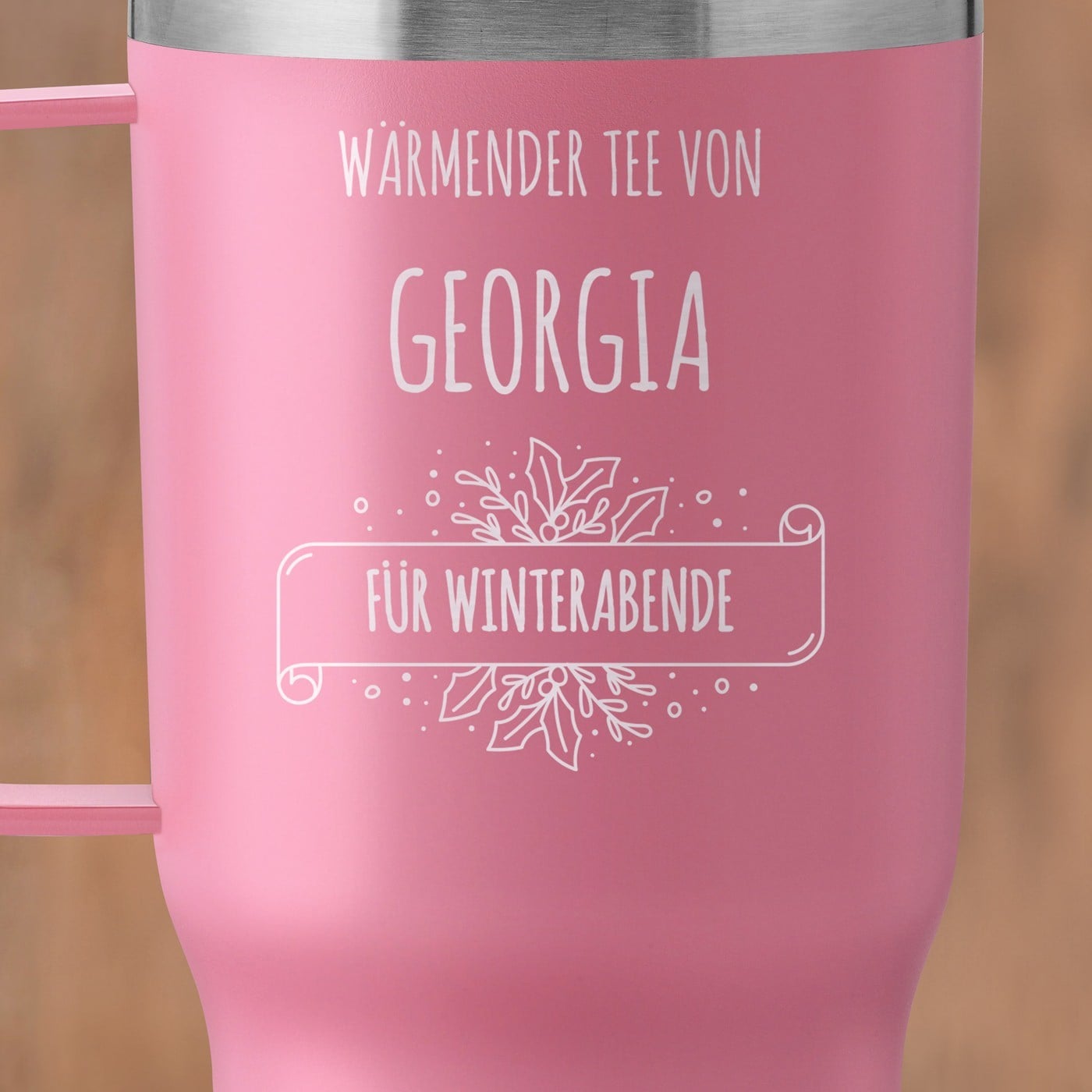 Rosa Isolierbecher mit transparentem Deckel und Gravur für sie zum Weihnachtsfest