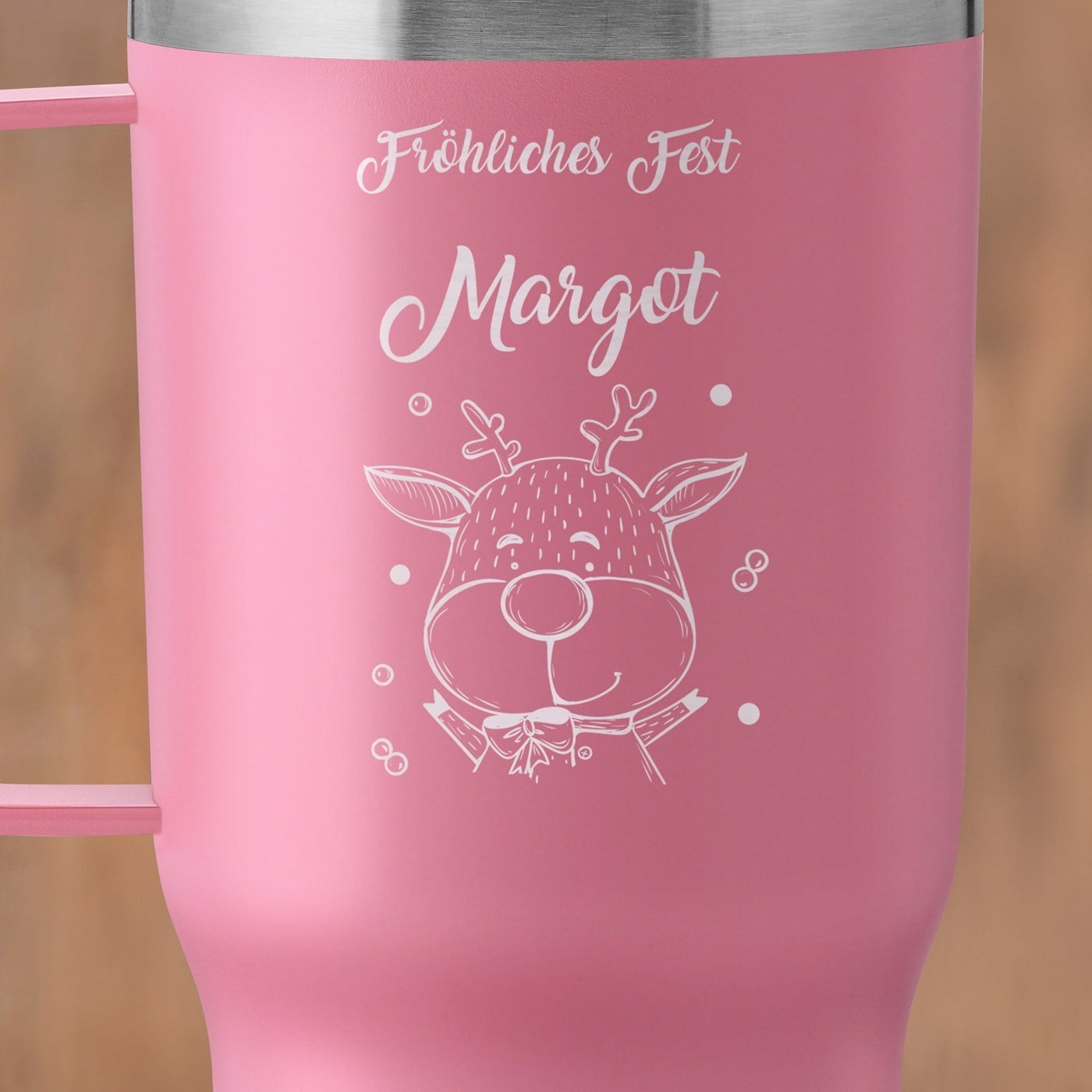 Rosa Isolierbecher mit transparentem Deckel und Gravur für sie zur Weihnachtsfeier