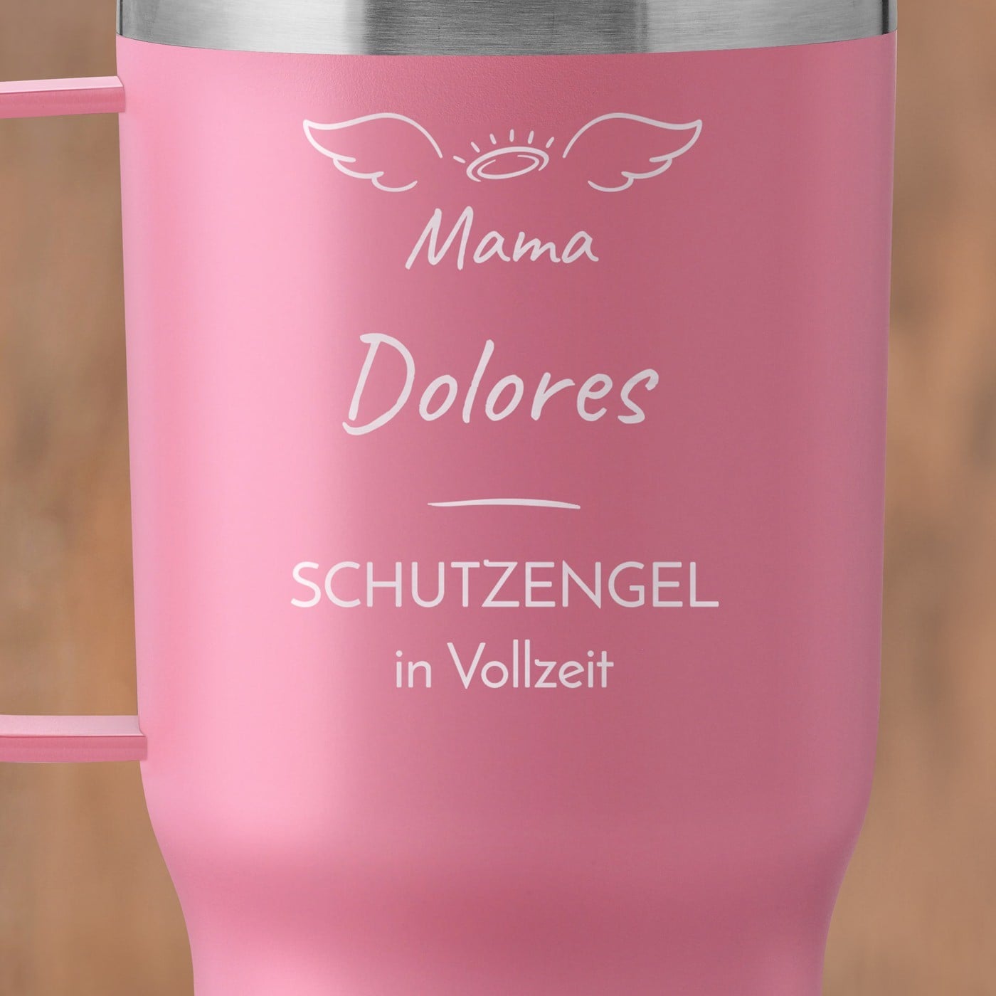 Rosa Isolierbecher mit transparentem Deckel und Gravur für Ihre Mutter