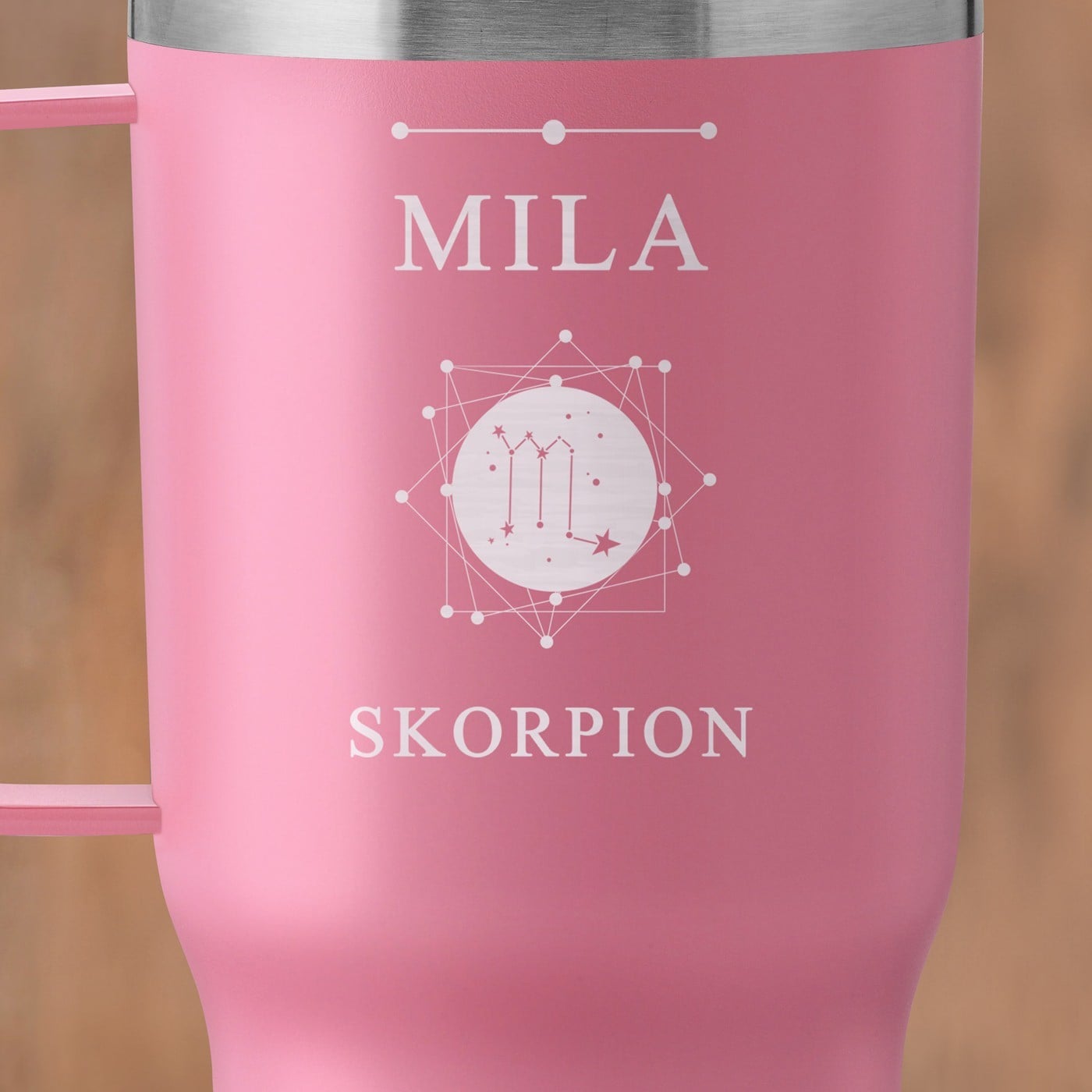 Rosa Isolierbecher mit transparentem Deckel und Gravur für sie zum Ehrentag Sternzeichen