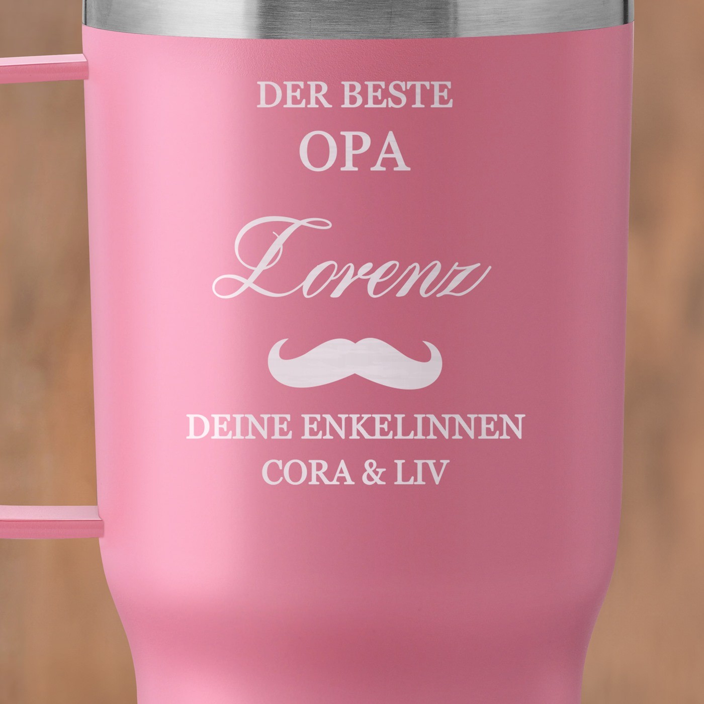Rosa Isolierbecher mit transparentem Deckel und Gravur für Ihren Opa