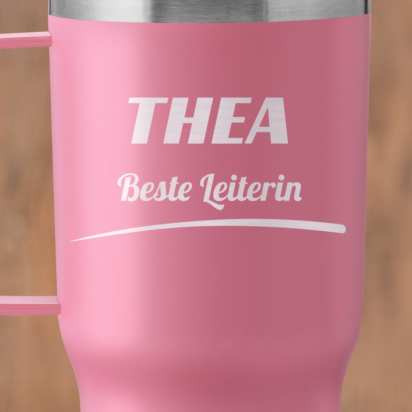 Rosa Isolierbecher mit transparentem Deckel und Gravur für Ihre Abteilungsleiterin Chefin Arbeitskollegin zur Beförderung 