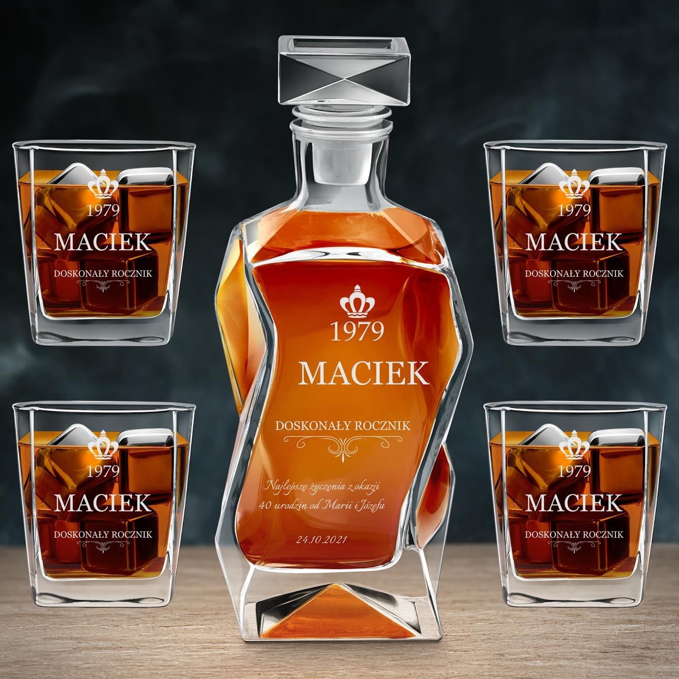Moderne Whisky Karaffe mit 4 Gläsern und Gravur für ihn zum 40. Geburtstag