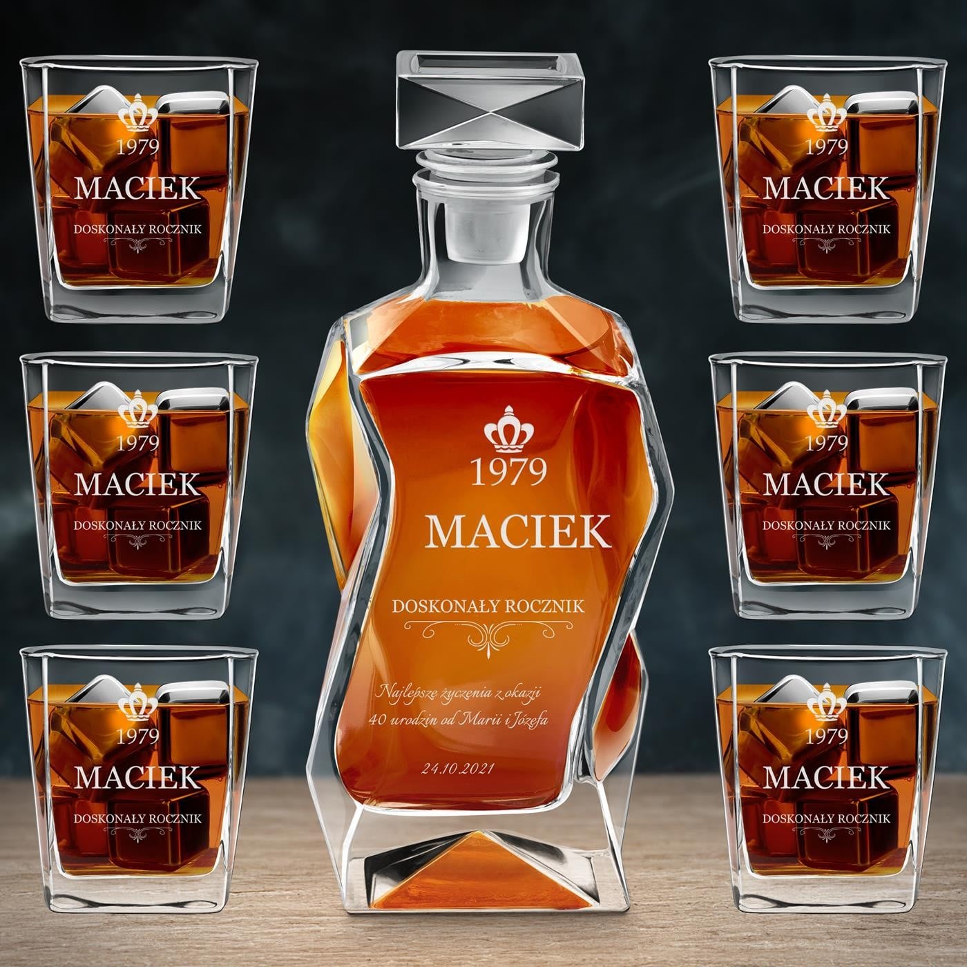 Moderne Whisky Karaffe mit 6 Gläsern und Gravur für ihn zum Geburtstag
