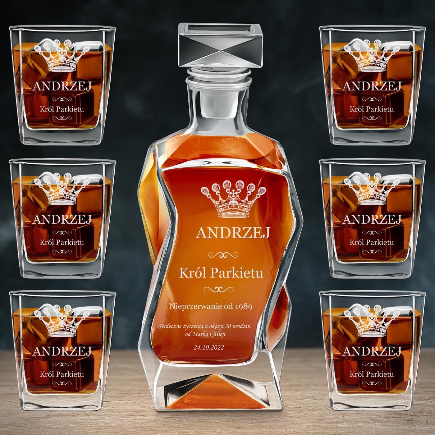 Moderne Whisky Karaffe mit 6 Gläsern und Gravur für einen Tänzer zum Geburtstag