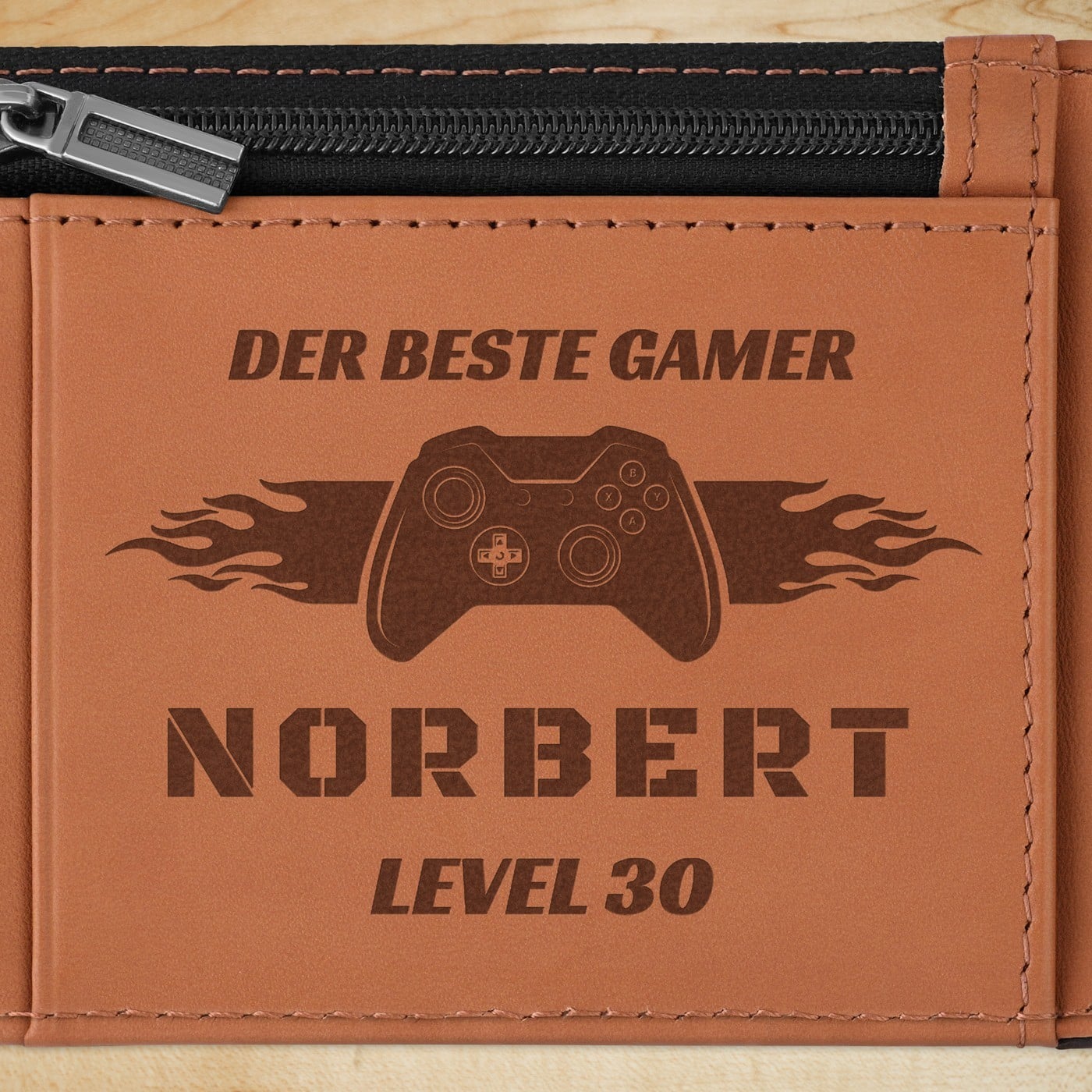 Herren Geldbeutel aus Leder mit Gravur Schwarz-Braun für ihn einen Gamer zum Ehrentag