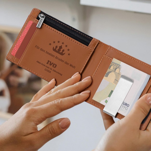 Herren Geldbeutel aus Leder mit Gravur Schwarz-Braun für Ihren Bruder zum Geburtstag