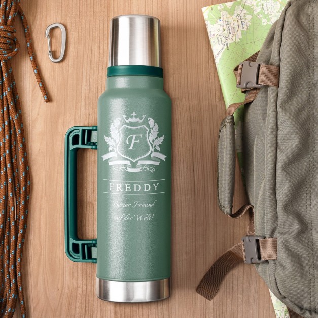 Grüne Thermosflasche mit Gravur und Trinkbecher für Ihren Freund zum Ehrentag Valentinstag