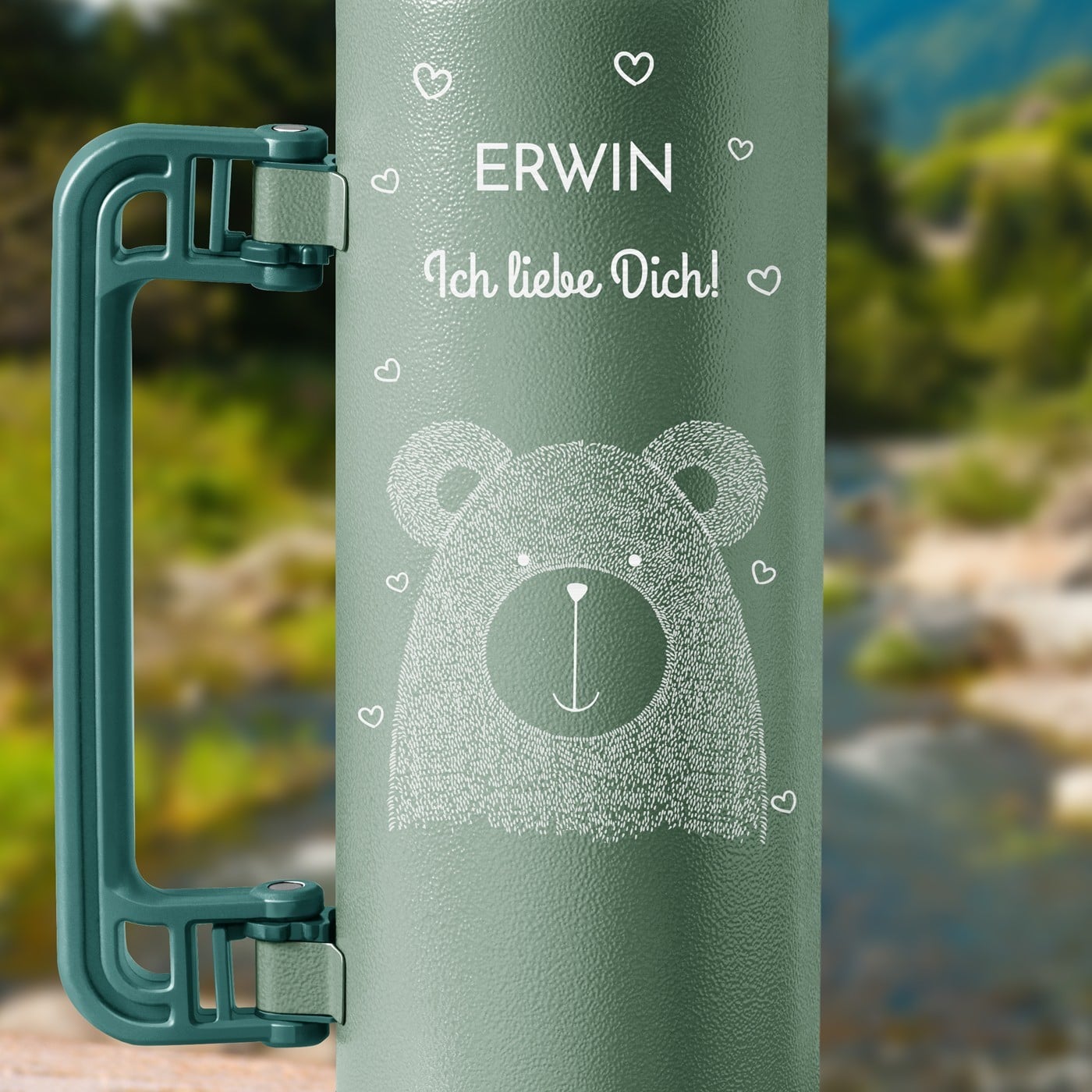 Grüne Thermosflasche mit Gravur und Trinkbecher für ihn zum Ehrentag Valentinstag 