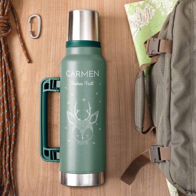 Grüne Thermosflasche mit Gravur und Trinkbecher für sie zu Weihnachten