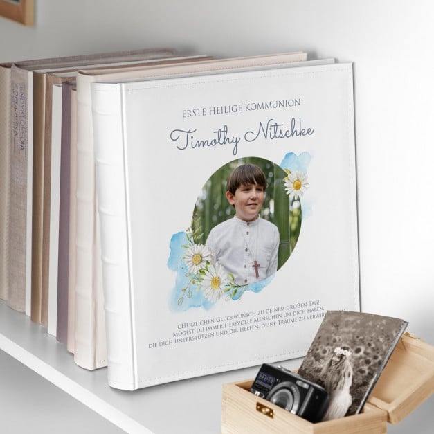 Fotoalbum mit Aufdruck zum Einstecken für einen Jungen zur Kommunion Gänseblümchen