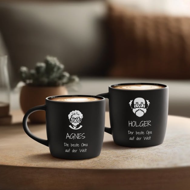 2 Keramik-Kaffeetassen mit Gravur Schwarz/Matt für Ihre Großeltern zum Ehrentag als Dankeschön zum Jubiläum