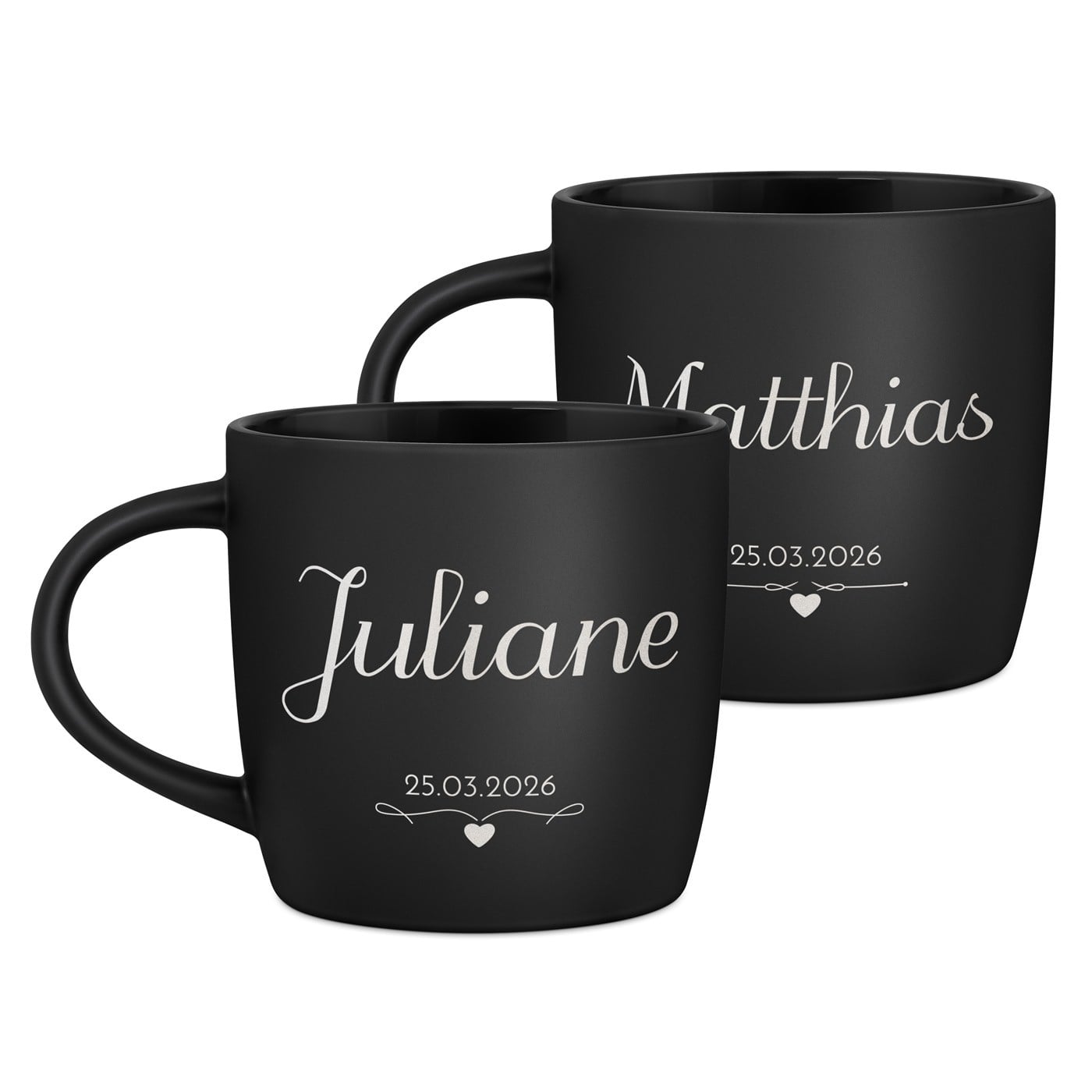 2 Keramik-Kaffeetassen mit Gravur Schwarz/Matt für ein Paar zur Hochzeit zum Hochzeitstag zur Einweihung