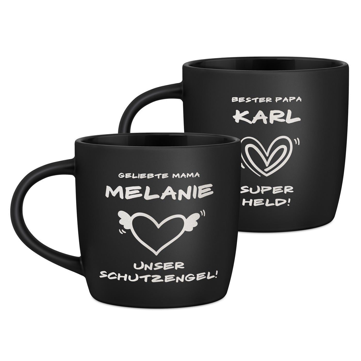 2 Keramik-Kaffeetassen mit Gravur Schwarz/Matt für Ihre Eltern als Dankeschön