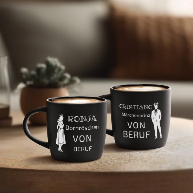 2 Keramik-Kaffeetassen mit Gravur Schwarz/Matt für ein Paar zur Hochzeit zum Jahrestag zur Einweihung