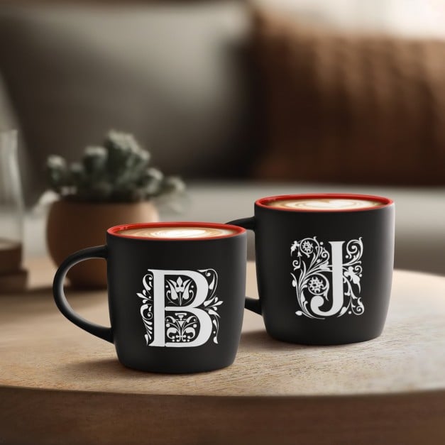 2 Keramikbecher mit Gravur Schwarz/Matt Innen Rot für ein Paar zur Hochzeit, zum Jahrestag, zur Einweihungparty