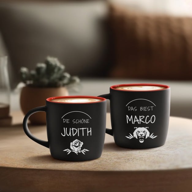 2 Keramikbecher mit Gravur Schwarz/Matt Innen Rot für ein Paar