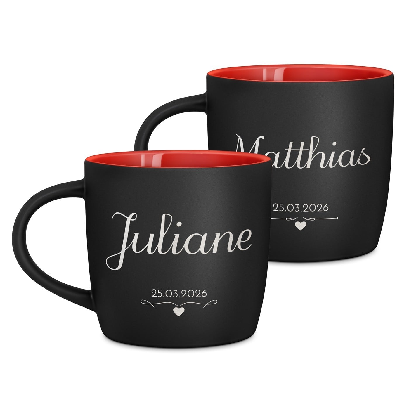 2 Keramikbecher mit Gravur Schwarz/Matt Innen Rot für ein Paar zur Hochzeit