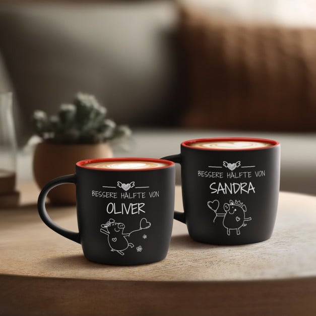 2 Keramikbecher mit Gravur Schwarz/Matt Innen Rot für ein Paar zur Trauung zum Hochzeitstag zum Valentinstag