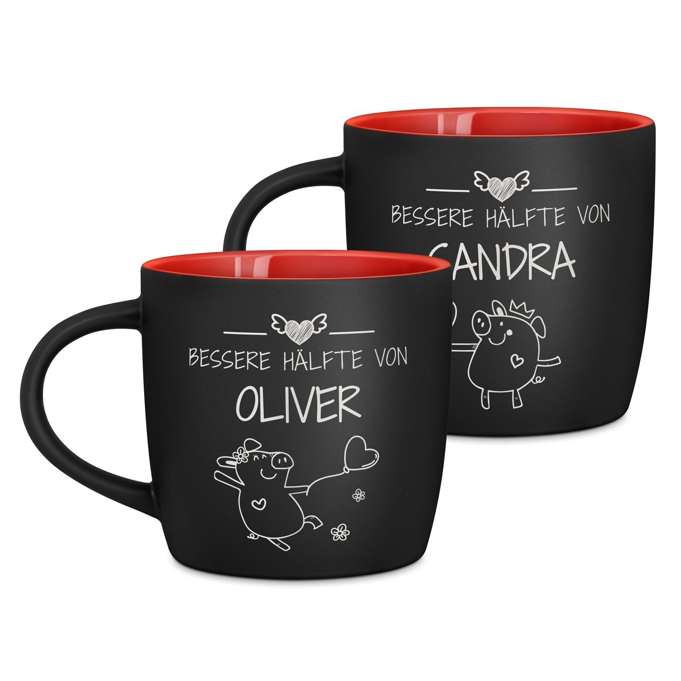 2 Keramikbecher mit Gravur Schwarz/Matt Innen Rot für ein Paar zur Trauung zum Hochzeitstag zum Valentinstag