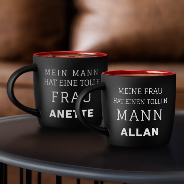 2 Keramikbecher mit Gravur Schwarz/Matt Innen Rot für ein Paar zur Hochzeit, zum Jahrestag, zur Einweihung, zum Valentinstag