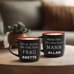 2 Keramikbecher mit Gravur Schwarz/Matt Innen Rot für ein Paar zur Hochzeit, zum Jahrestag, zur Einweihung, zum Valentinstag