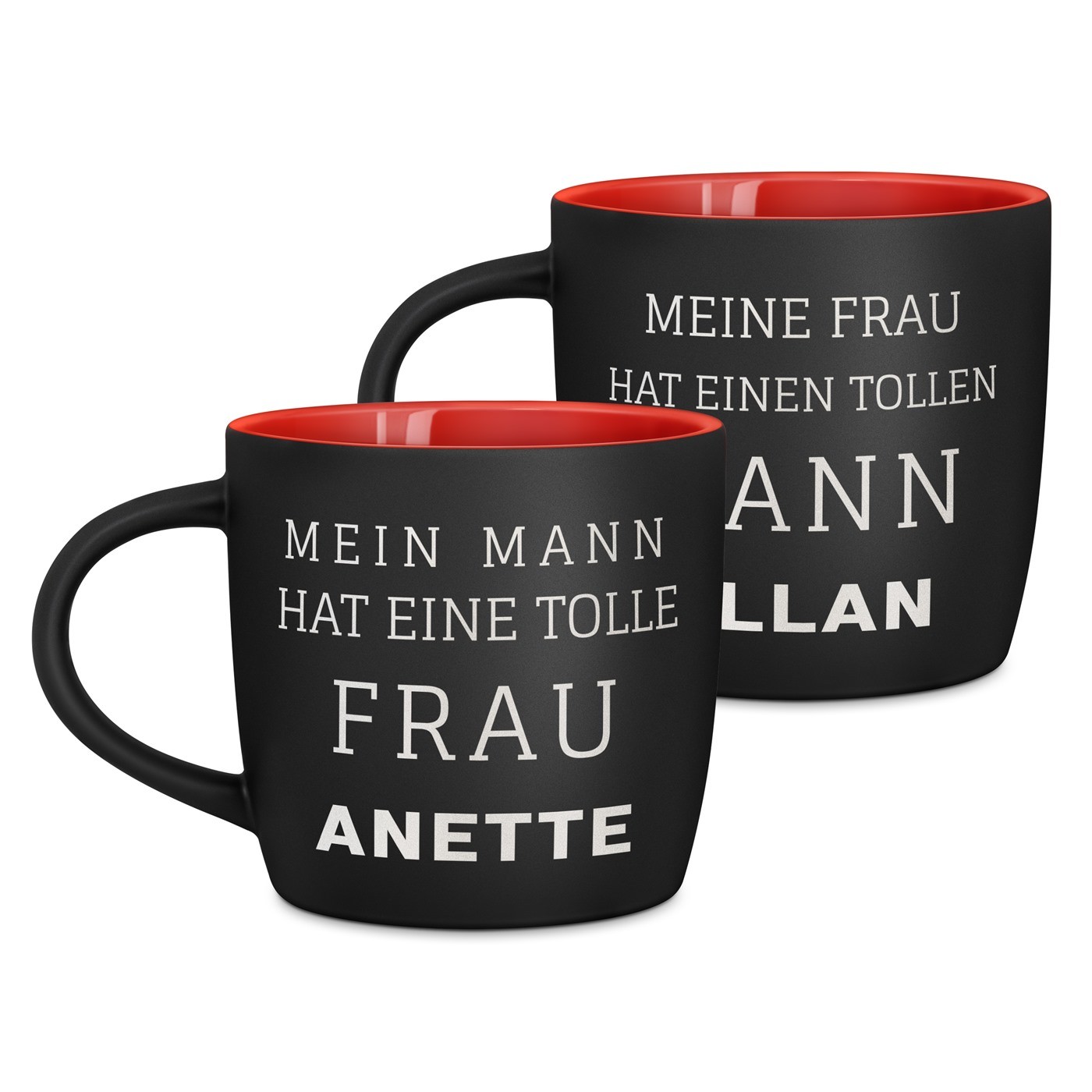 2 Keramikbecher mit Gravur Schwarz/Matt Innen Rot für ein Paar zur Hochzeit, zum Jahrestag, zur Einweihung, zum Valentinstag