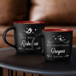 2 Keramikbecher mit Gravur Schwarz/Matt Innen Rot für ein Paar zur Hochzeit
