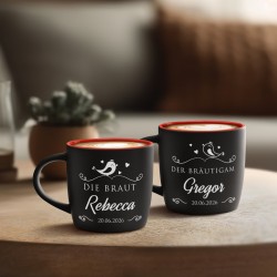 2 Keramikbecher mit Gravur Schwarz/Matt Innen Rot für ein Paar zur Hochzeit
