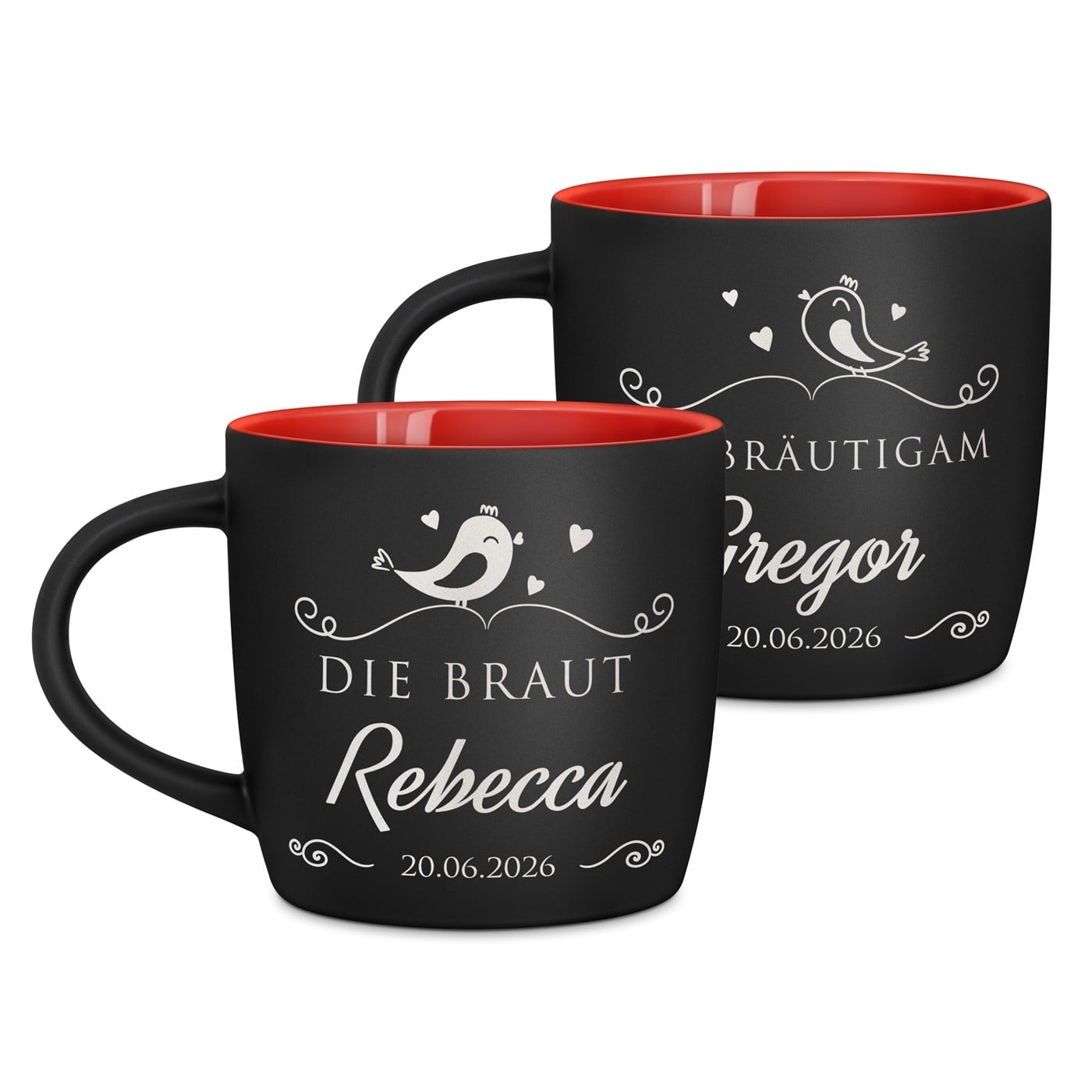 2 Keramikbecher mit Gravur Schwarz/Matt Innen Rot für ein Paar zur Hochzeit