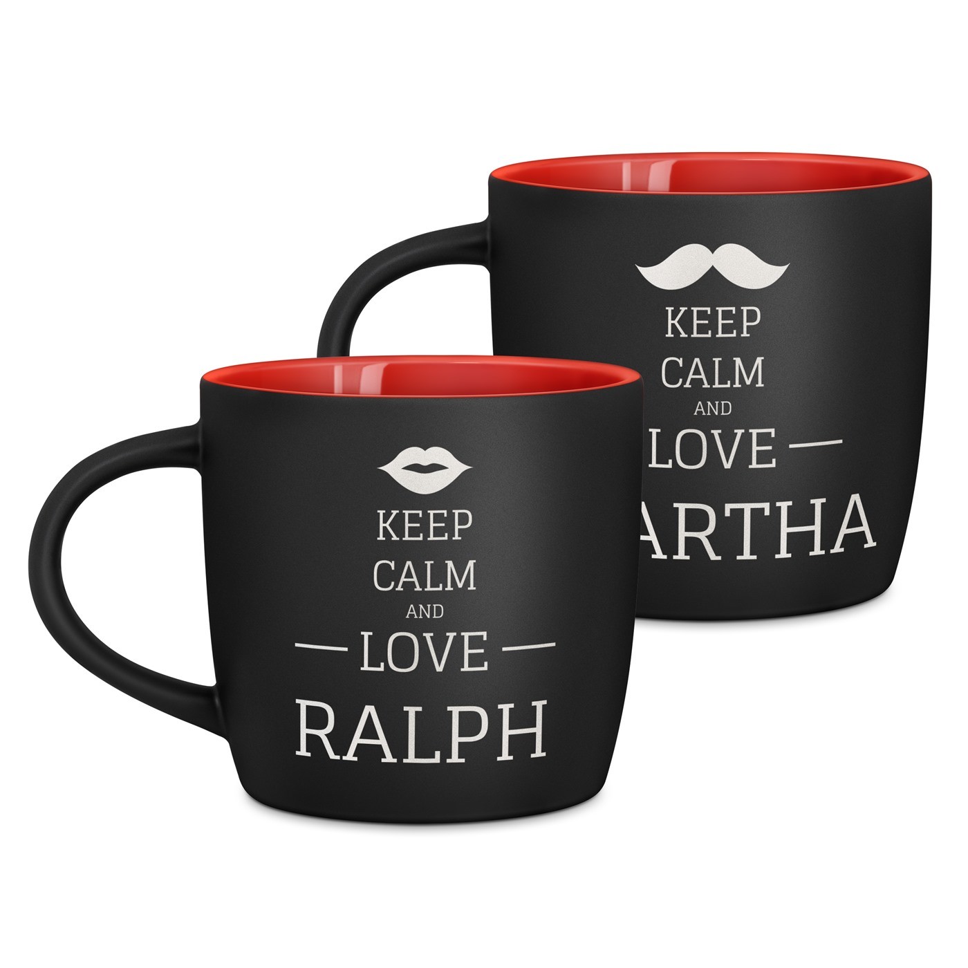 2 Keramikbecher mit Gravur Schwarz/Matt Innen Rot für ein Paar zur Trauung zum Jahrestag Valentinstag
