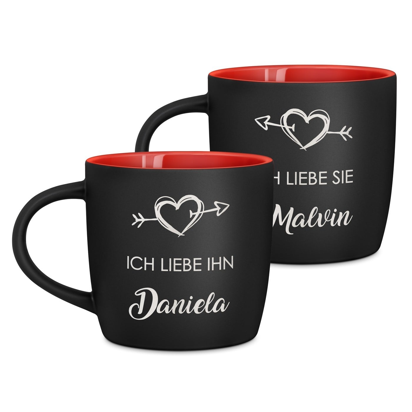 2 Keramikbecher mit Gravur Schwarz/Matt Innen Rot für Verliebte zur Trauung zum Jahrestag Valentinstag