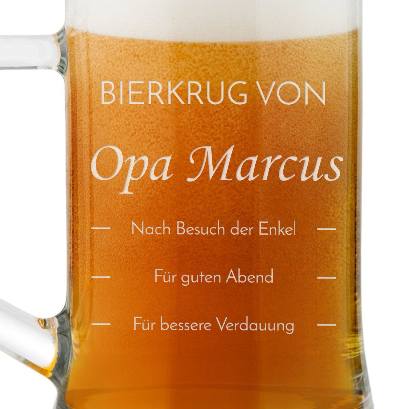 Bierkrug aus Glas mit Gravur für einen Bierliebhaber