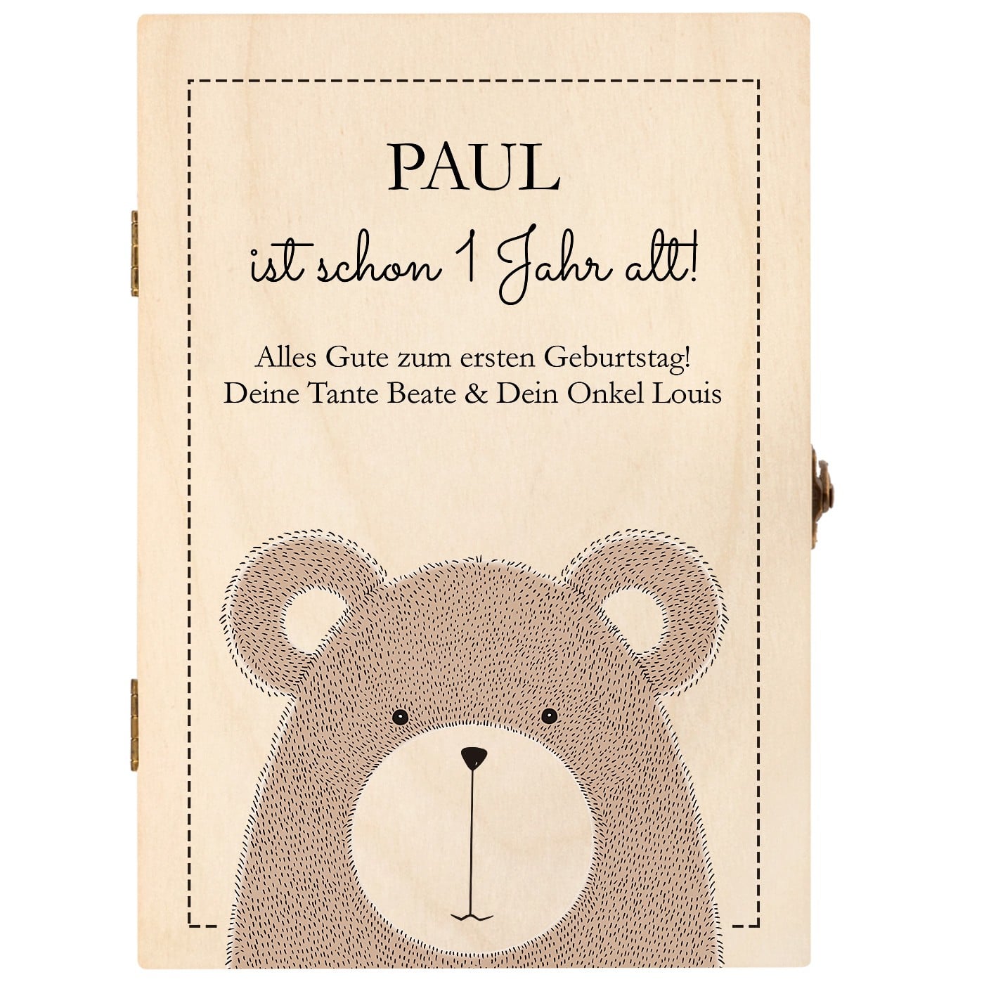 Animal Kinderbesteck mit Gravur inklusive Holzbox mit Aufdruck Hellbraun für einen Jungen zum 1. Geburtstag Bär
