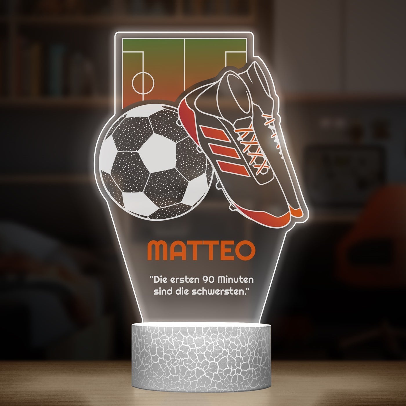 Nachtlicht mit buntem Aufdruck und LED-Sockel für einen Fußballspieler oder Fußballfan