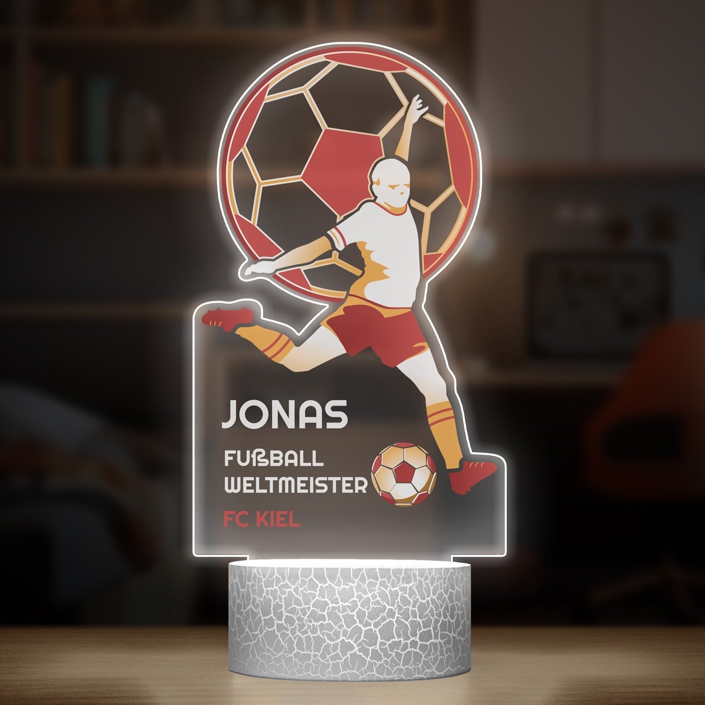 Nachtlicht mit buntem Aufdruck und LED-Sockel für einen Fußballspieler Sportler einen Jungen zum Ehrentag
