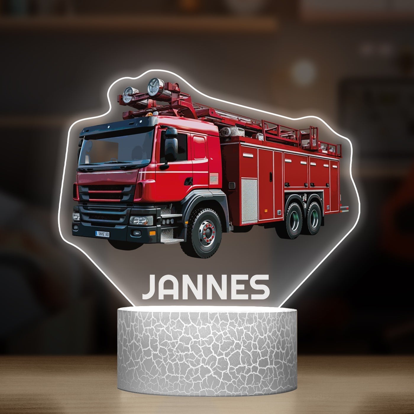 Nachtlicht mit buntem Aufdruck und LED-Sockel für einen Feuerwehrfanatiker einen Jungen zum Ehrentag