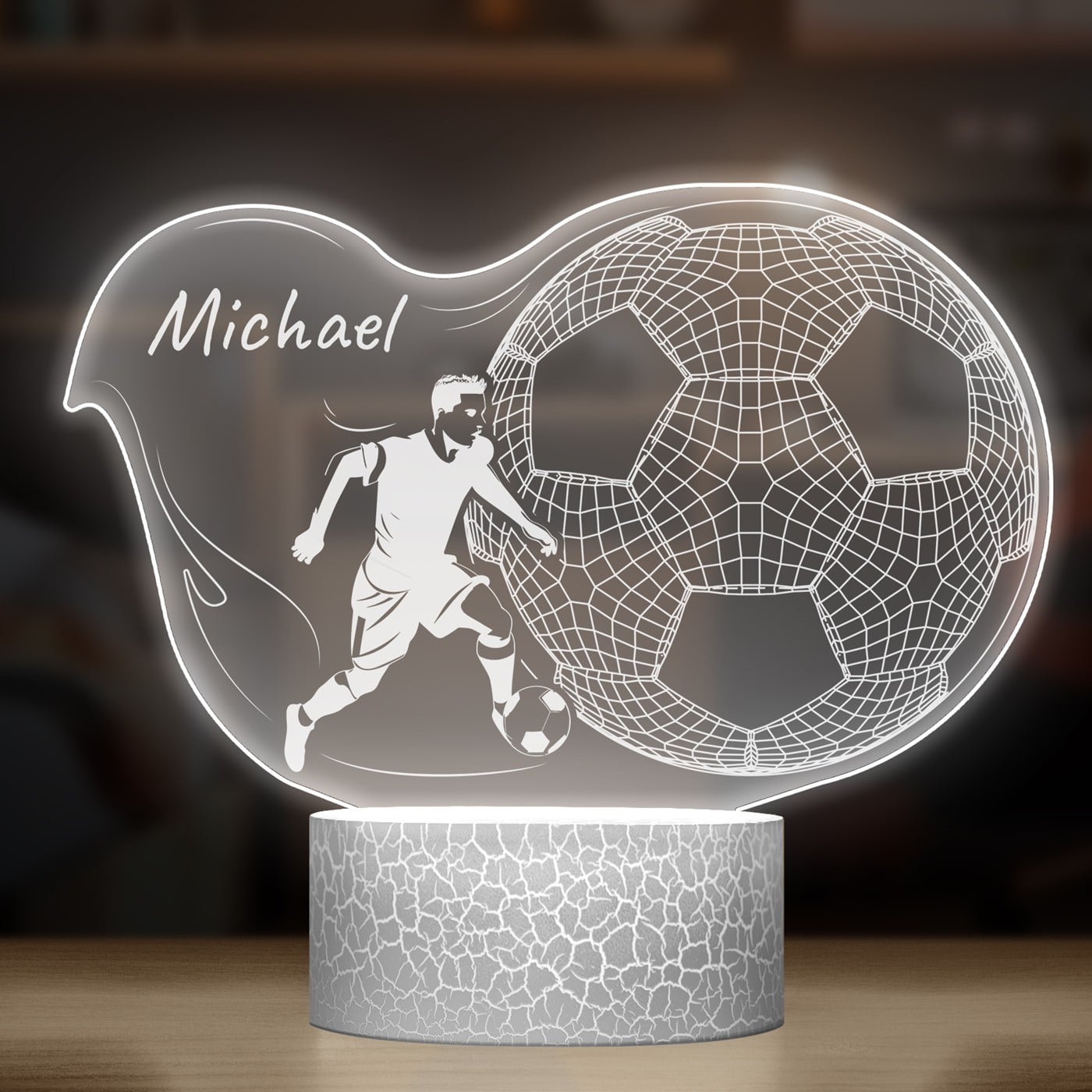 Nachtlicht mit buntem Aufdruck und LED-Sockel für einen Hobbyfußballer oder Spieler zum Ehrentag