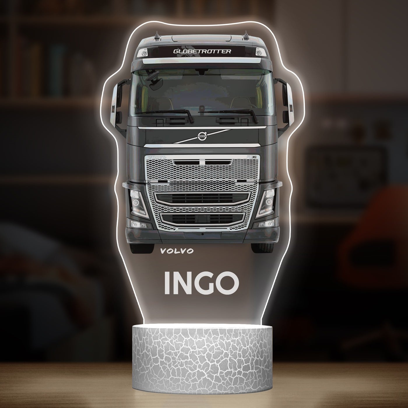 Nachtlicht mit buntem Aufdruck und LED-Sockel für einen LKW-Fahrer
