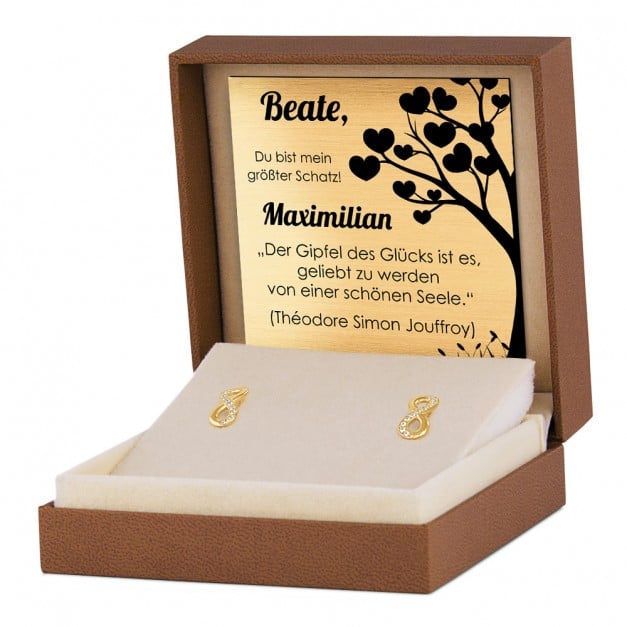 Infinity Ohrstecker mit Zirkonias aus 333er Gold in exklusiver Geschenkbox mit Gravur