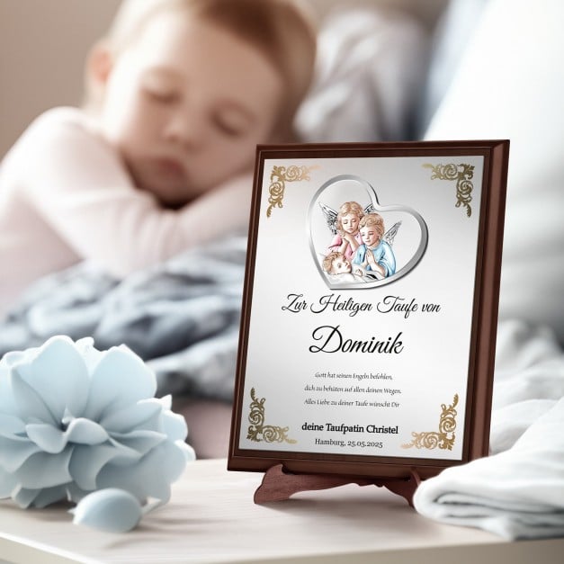 Personalisierte Holztafel mit Aufdruck für einen Jungen zur Taufe