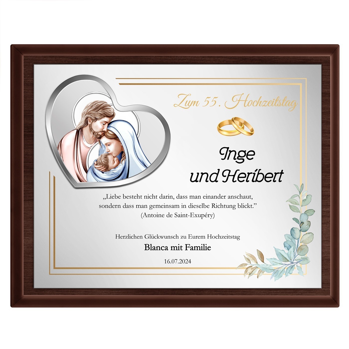 Personalisierte Holztafel mit Aufdruck für ein Ehepaar zum 55. Hochzeitstag
