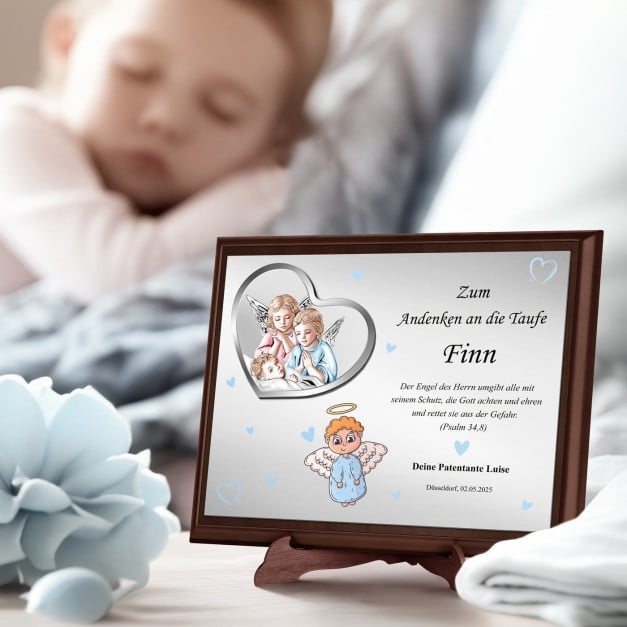 Personalisierte Holztafel mit Aufdruck für einen Jungen zur Taufe, zur Geburt