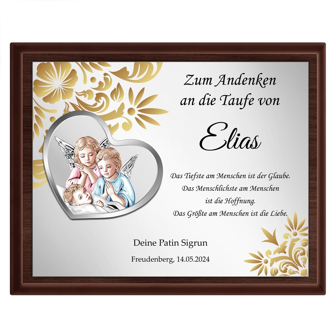 Personalisierte Holztafel mit Aufdruck für einen Jungen zum Andenken an die Taufe
